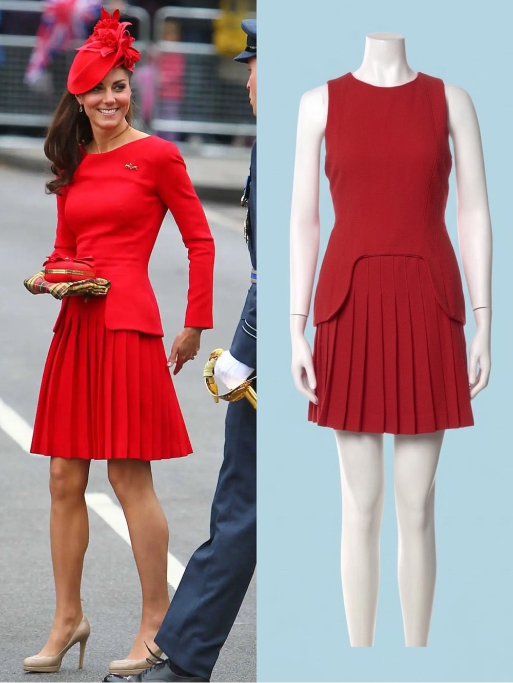 Alexander McQueen Red Peplum Pleated Dress - ASO Kate Middleton Royal - IT42/US6
